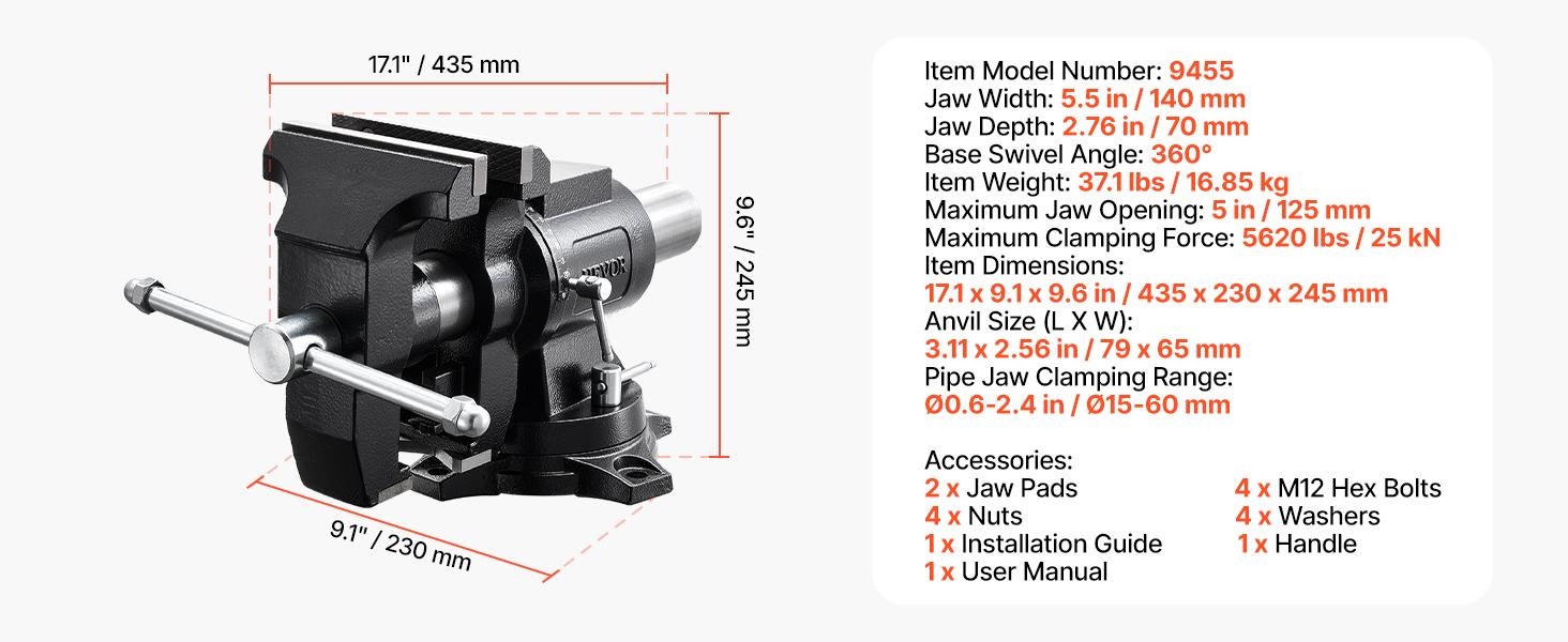 VEVOR Heavy Duty Multipurpose Ductile Iron Vise, Hardware Repair Tool with 5.5" Jaw Width, 5" Max Jaw Opening, 2.76" Throat Depth, 3.11"x2.56" Anvil, Lead Screw, 360° Swiveling Base & Locking Head, for Drilling, Pipe Cutting