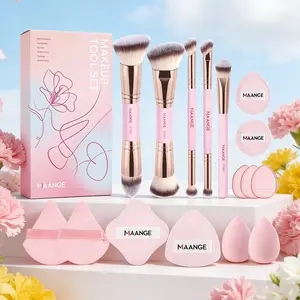 Maange 16-Piece Makeup Tool Set, Includes 5 Brushes & 11 Puffies, Foundation Brush, Loose Powder Brush, Blush Brush, Concealer Brush, Ideal for Home & Travel