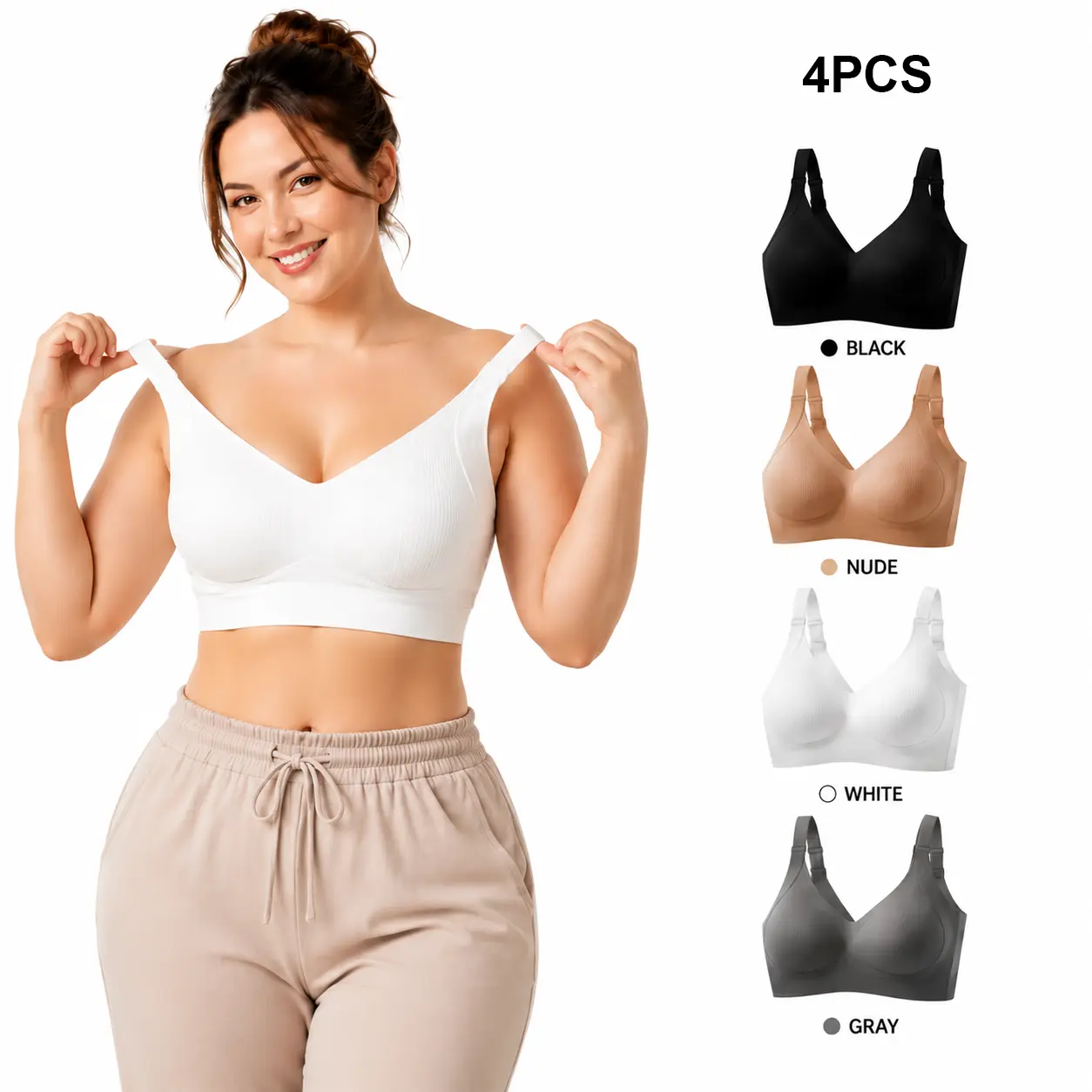 Women's 4-Pack Elegant Seamless Balconette Bras - Fixed Cups, Wide Straps, Soft Comfortable Support, Side Breast Coverage, Breathable Underwire Everyday Casual Lingerie, Ideal Gift Choice design strapless