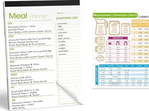 Cabbrix Meal Planning Magnetic Notebook for Fridge with Grocery List and Calendar - Includes Conversion Chart