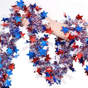 4th of July Garland Decorations 50Ft Glitter Tinsel Patriotic Decor for Tree Car Golf Cart Parade Float Bike Party Table Yard Door Boat Indoor Outdoor Holiday Home