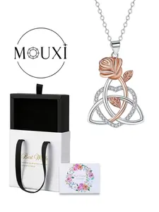 Keltic Triangle Knot Necklace Heart Rose Pendant Lucky Irish Jewelry Women Gift with Box, Elegant Copper Chain, All Seasons