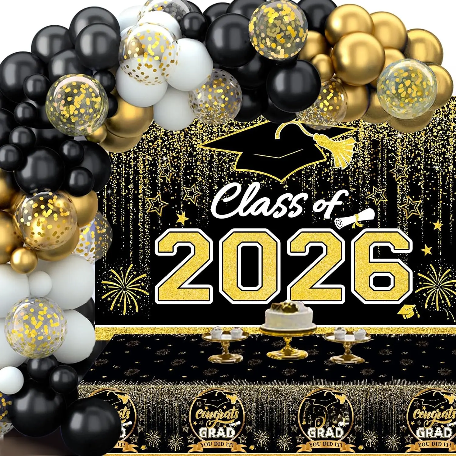 2026 Graduation Decorations Kit - Party Balloon Garland Kit with Synthetic Latex Balloons, Vinyl Wall Backdrop, Stain-Resistant Congrats Grad Tablecloth & Festive Gifts for High School Grad Parties