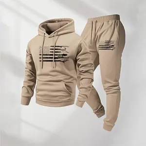 Men's American Flag Retro Print Hoodie And Drawstring Sweatpants Set, Men's Casual Sportswear, Long-Sleeved Hooded Jacket And Trousers, Suitable For Autumn And Winter, Men's Everyday Wear, Indoor And Outdoor Sportswear, Tracksuit, Casual Sportswear