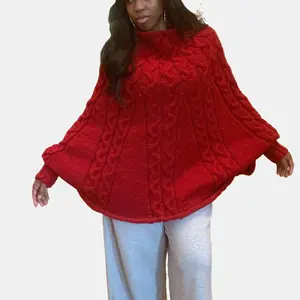 Women's Cranberry Wool Poncho with Cables & Cuffs Oversized Knitwear Crewneck Long Sleeve Casual Tops 100% Peruvian Wool