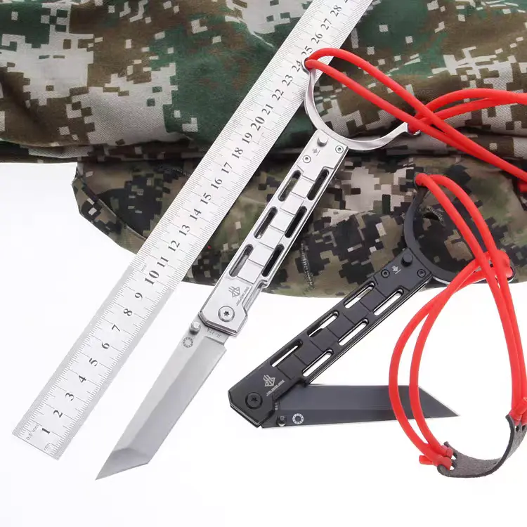 Retractable Compact Pocket-Fit Stainless Steel Flat Rubber Band Slingshot Fishing Survival Utility Knife, Portable EDC Pocket Folding Tool for Outdoor Camping, Survival Tasks