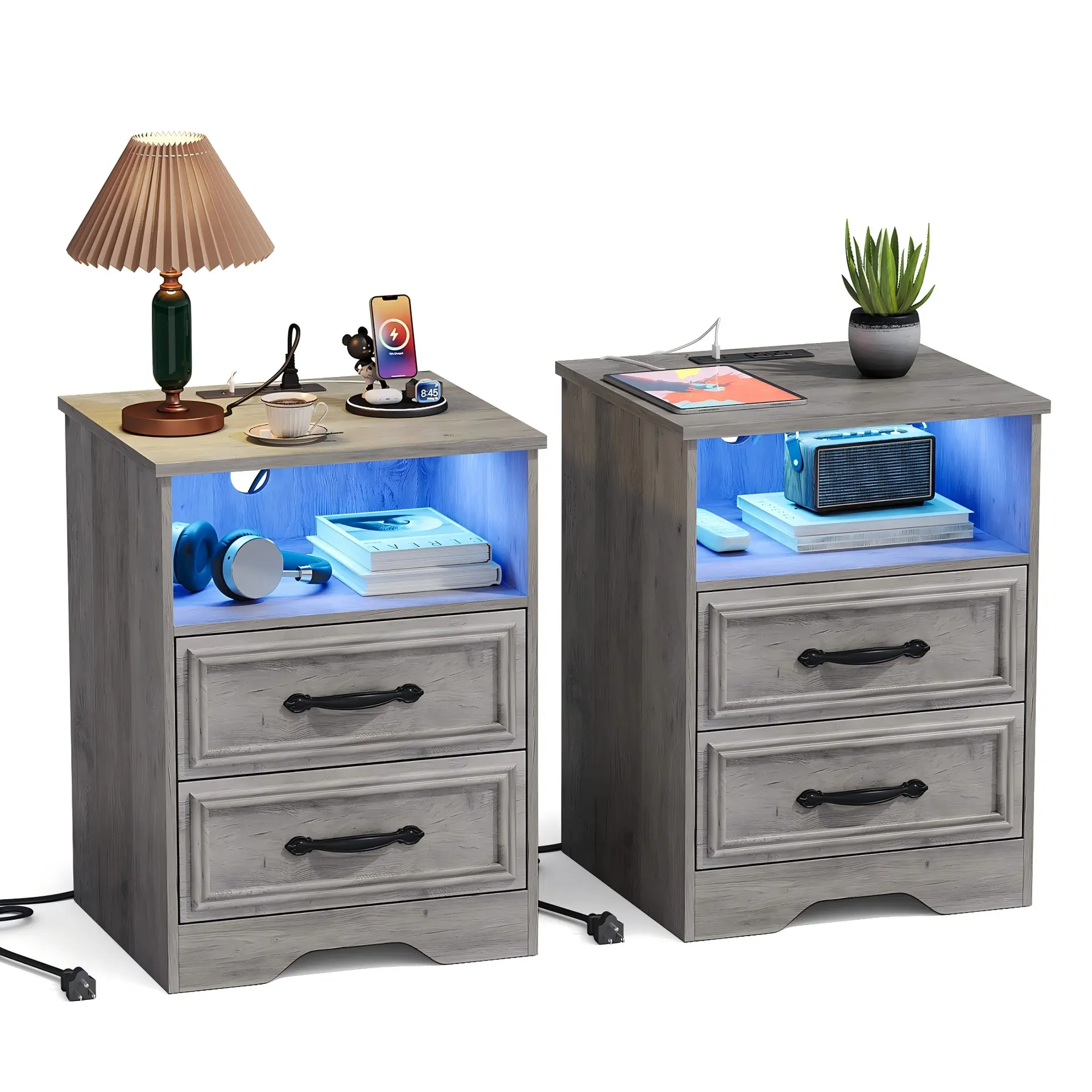 LGHM Set of 2 Farmhouse Nightstands with Charging Station & LED Lights, 2 Drawer Bedside Tables with Drawers, Modern Famhouse End Tables for Bedroom & Living Room, Gray