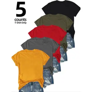 Women's Solid Round Neck Minimalist Tee, Basic Short Sleeve T-shirt for Summer, Athletic Crew Neck T Shirts for Women, Casual Women's Top for Daily Wear, Clothing, Clothes for Women, Womenswear, Tshirt, Shortsleeve