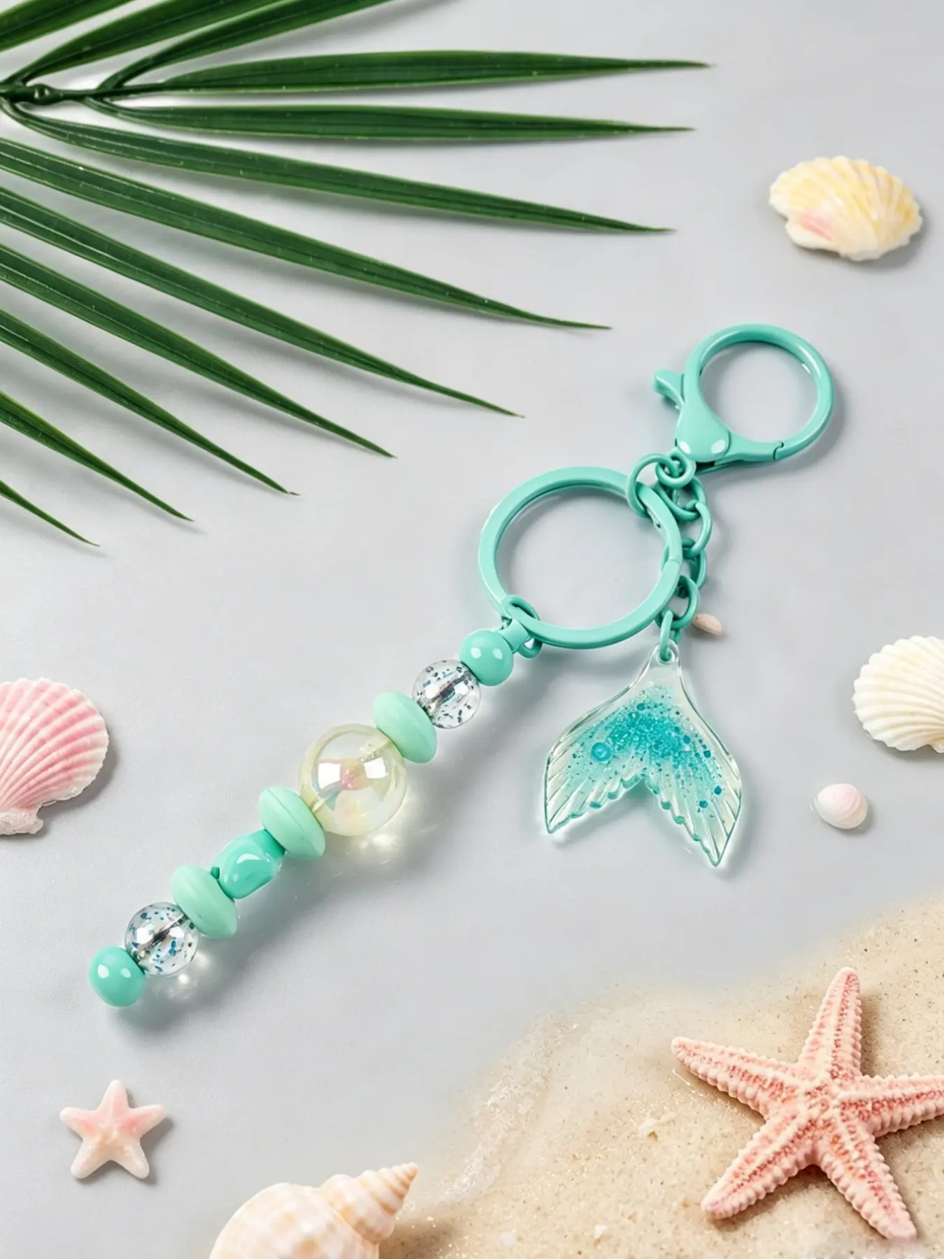 Cute Mermaid Tail Beaded Keychain, Pastel Color Dopamine Star Bag Charm, Handmade Glitter Keychain for Girls, Birthday & Mother’s Day Gift