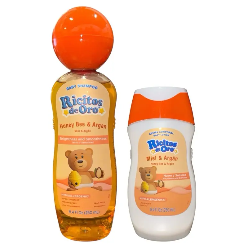 Ricitos de Oro Honey Bee & Argan Shampoo 8.4oz AND LOTION COMBO 8.4oz | Baby Shampoo with Pop-Up Rattle Cap, Paraben Free Product for Baby’s Delicate Hair; 8.4 Fl Ounces