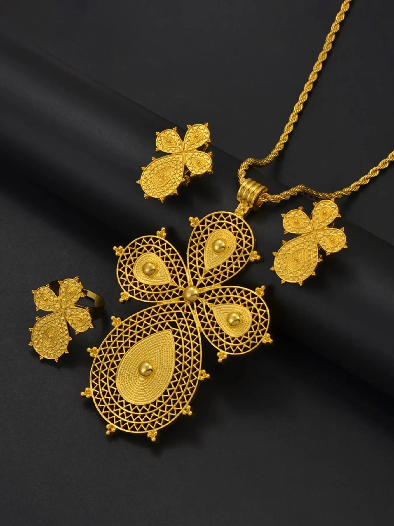 Three-Piece Jewelry Set, Necklace, Earrings, Ring, Cross Pendant, Luxurious Middle Eastern Design, Elegant Bride Gift, All Seasons, Wedding Jewelry Sets For Brides, Bridal Jewelry Set For Wedding, Jewellery Gift Set