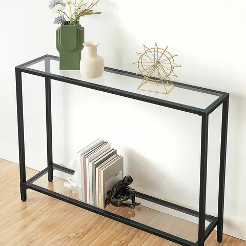HOOBRO Modern Accent Console Table, 39.4in Narrow Transparent Tempered Glass Table with Metal Frame, Adjustable Floor Fix for Uneven Surfaces, House Decor for Living Room, Entryway, Apartment Furniture