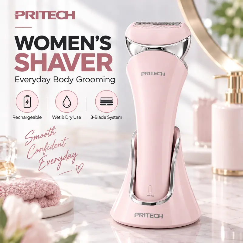 PRITECH Women's Electric Razor for Hair Removal - Stainless Steel, Rechargeable, Detachable Head, Dry/Wet Waterproof, USB Charging, Portable Trimmer for Legs & Underarms, Shaver For Women