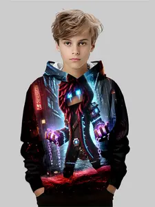 Boys' Casual Pixel Adventure Hoodie, Perfect for Fall & Winter Outdoor Activities, Wear-Resistant Fabric, Graphic Hoodies