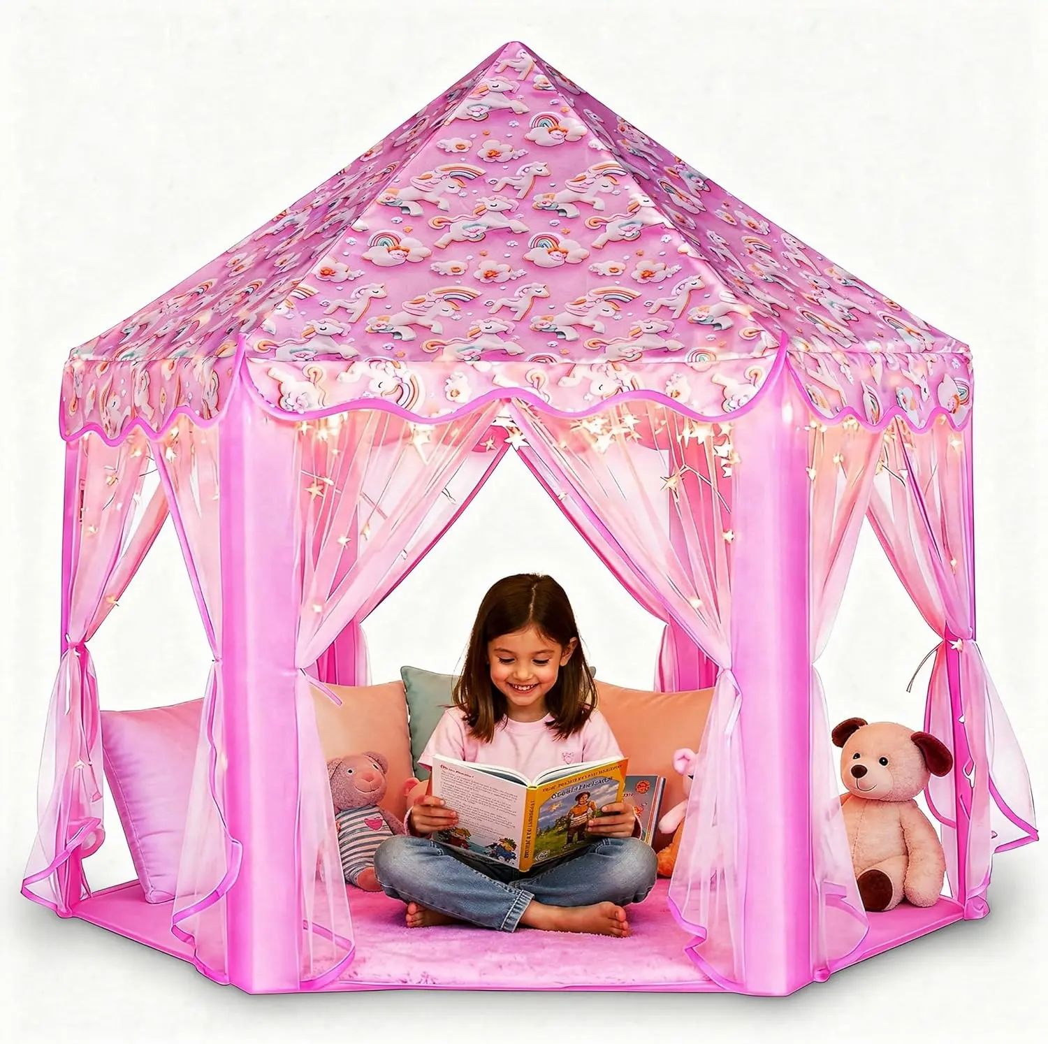 Princess Tent for Girls, Large Kids Playhouse Castle Play Tent with Star Lights, Indoor Outdoor Playhouse for Children, Fun Toy Tent for Girls Boys Toddlers, Playroom Birthday Gift