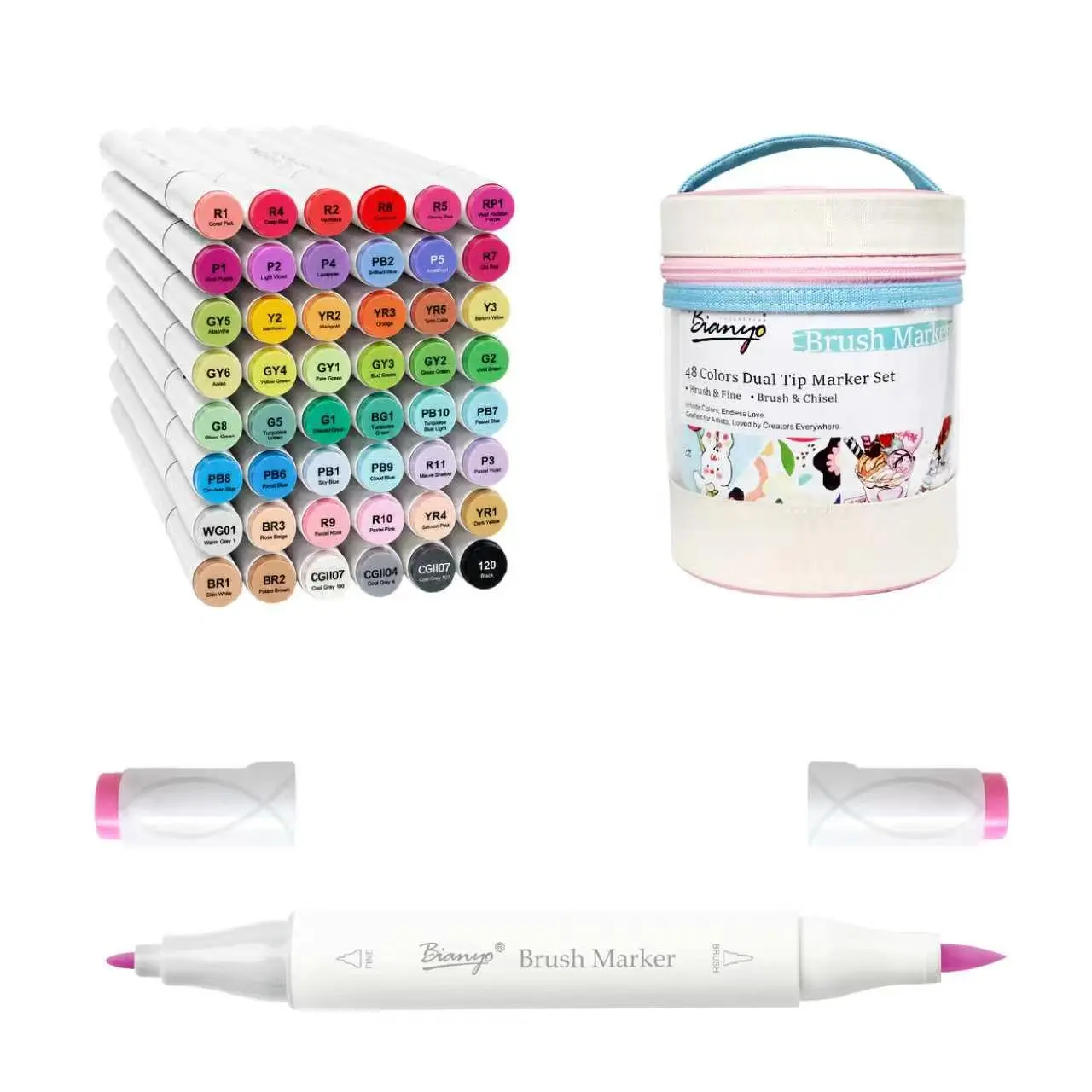 Bianyo 48-Color Dual-Tip Alcohol Markers Set - Brush & Fine Tips, 48-Color Selection, for Adult Coloring, DIY Crafts, Illustration, Blending & Creative Art