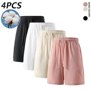 4PCS 100% Cotton Men’s Linen-Look Shorts, Elastic Waist Drawstring Loose Summer Casual Shorts,summervibes