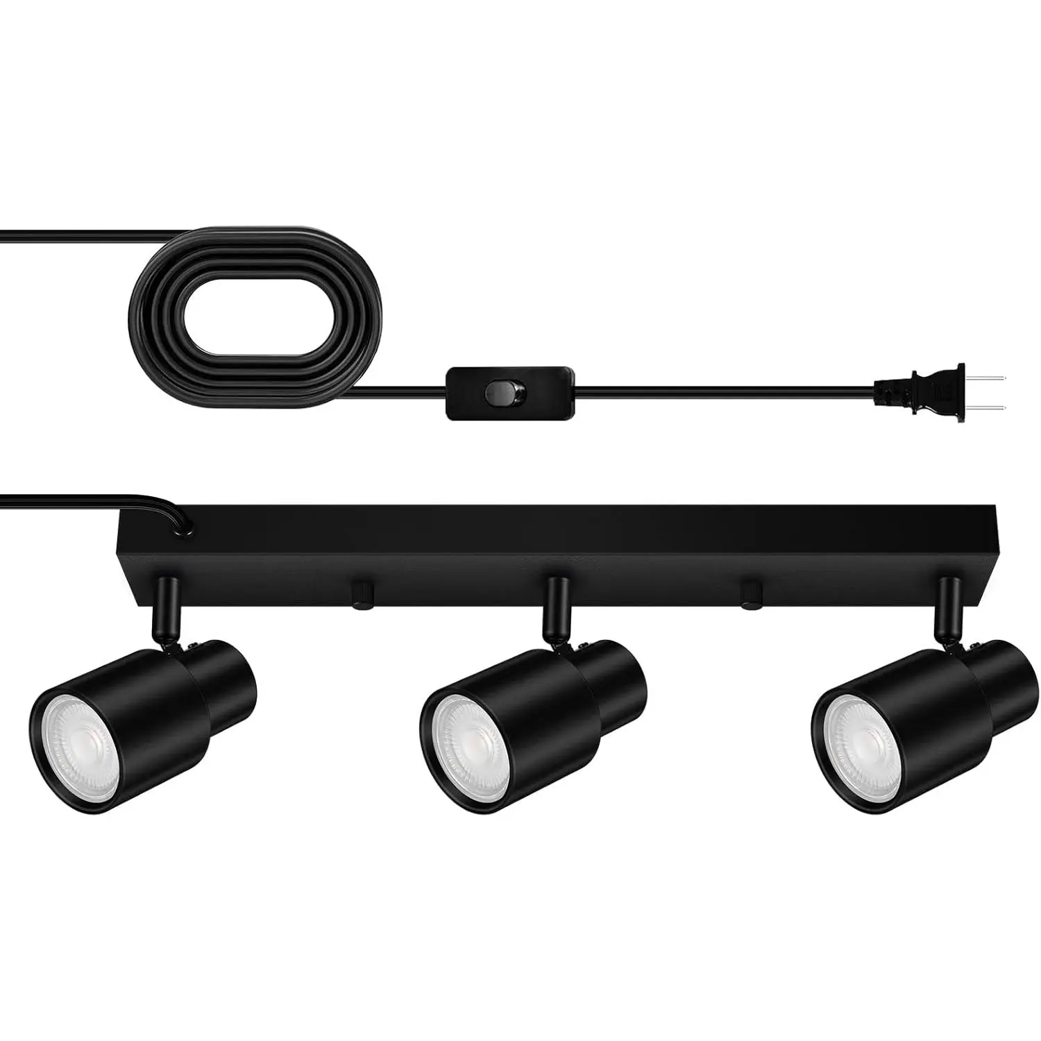 Plug-in Track Lighting LED, Track Light Fixtures Ceiling, Black Plug in Wall Lights with 14.8ft Cord, 3 Way Ceiling Spotlight for Kitchen, Rotatable Light Head for Bedroom Hallway(GU10 Socket,NO Bulb)