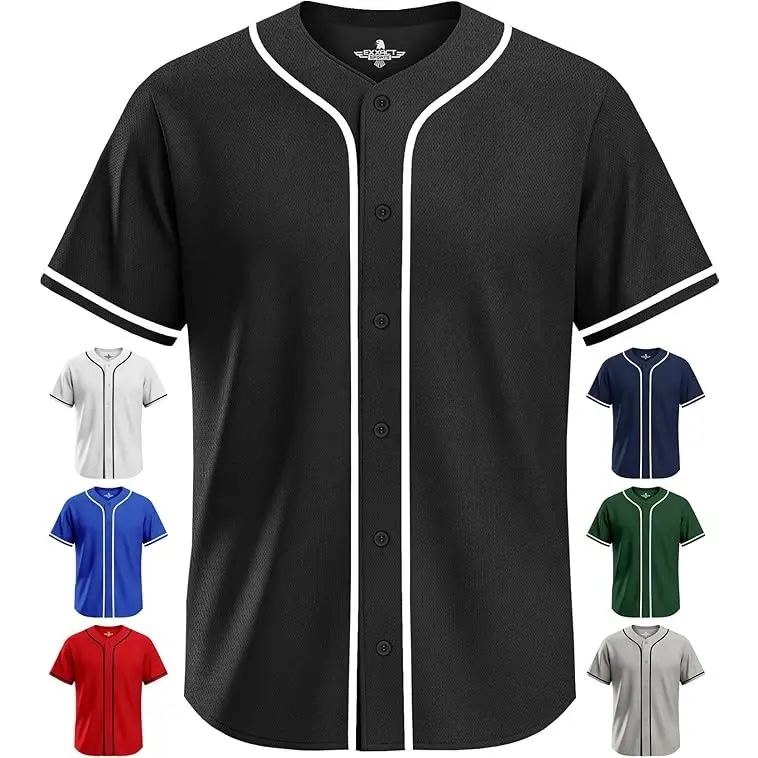 Exxact Sports Blank Baseball Jersey Men, Full Button Down Plain Baseball Jersey, Sports Uniforms Men Women Jersey - (Black)