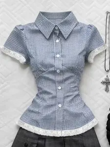 New Spring Summer Retro Soft Plaid Waist Cinch Slimming Lace Trim Patchwork Women's Turn-Down Collar Shirt Blouse, Elegant and Comfortable Design