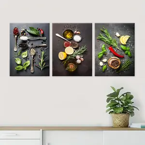 Culinary Seasoning Pattern Wall Decor – This Set of 3  Canvas Paintings Showcases Artistic Spice and Herb Motifs, Offering a Playful yet Stylish Accent for Kitchen Walls, Dining Areas, Living Spaces, or Restaurant Interiors.