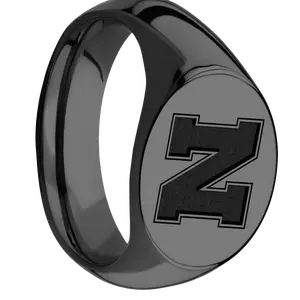 Medium Horizontal Oval signet ring (16x13mm) in Zirconium, with a Wide style band and a Nebraska Block N engraving.