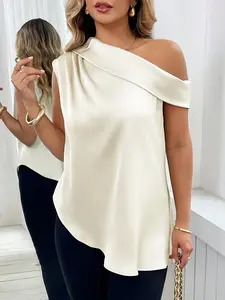 1 Piece Women's Summer Satin One Shoulder Blouse, Elegant Asymmetrical Hem Sleeveless Top for Office Casual Shirts