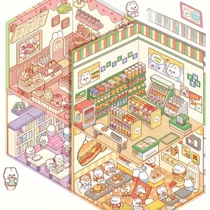 3D House Sticker, 4 Counts DIY Sticker Scene, Make Your Own Mini Room Scenes, Supermarket Coffee Shop Restaurant Bookstore Sticker, Christmas Gift