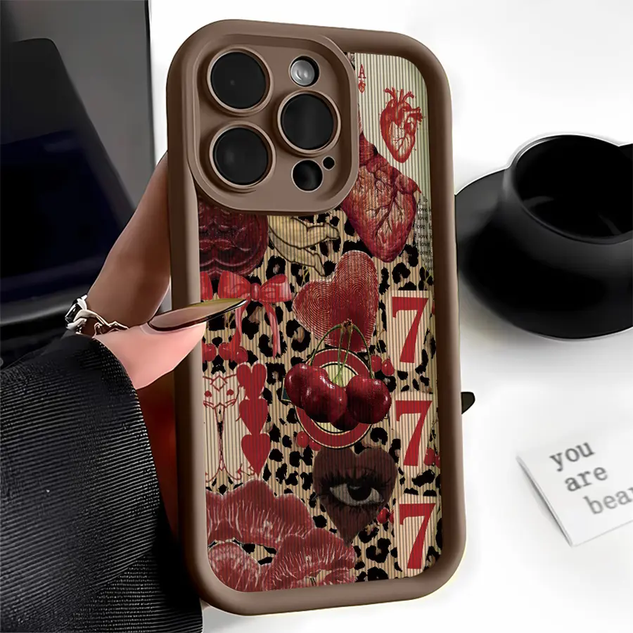 Leopard Print Red Heart Cherry Bow 777 TPU Smartphone Case - Drop-Resistant, Rugged, Durable Straight Edge Cover for iPhone 17 Pro Max,16,16e,15,14 Plus,13,12 Mini,11,Air,X,XS - Handheld Cellphone Devices Protection Shell, 2D Printing Gift