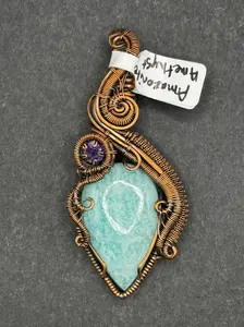 AMAZONITE & AMETHYST | Artisan Copper Wire Wrapped Pendant | Wearable Art | Size: Large
