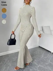 2-Piece Striped High Neck Split Hem Flared Pants Set, Casual for Women, Perfect for Spring and Fall, Comfortable Knit Fabric, Fashion Pants Set