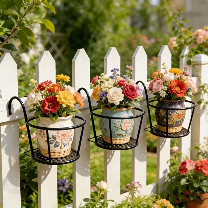 Wrought Iron Hanging Plant Pot Racks With Hooks, Round Metal Iron Railing Balcony Plant Pot Rack, Metal Plant Hanging Basket Stand, Suitable For Fences, Terraces, Balconies, Patios, Outdoor Hanging Plant Pots