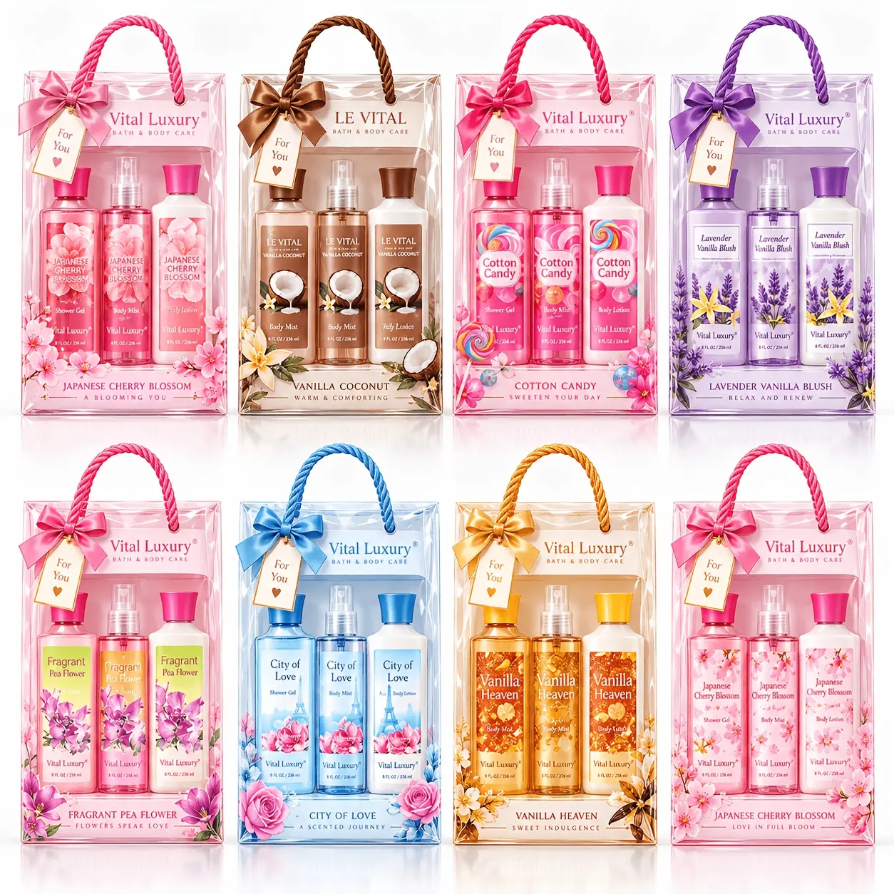 VITAL LUXURY Body Care Set with 8 Mixed Scents (Shower Gel+Spray+Lotion), Festive Gift for Her, Ideal for Christmas & Birthdays, Scent