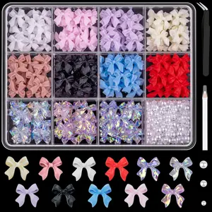 1 Box Classic Ribbon Bow Resin Nail Charms 3D Colorful Gradient Bowknots Semi-circular Pearl Decorations DIY Phone Case Hairpin Nails Nail Extension Diy