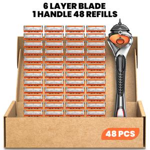 Men's Razor Blade Replacement Refills with Handle, Available in 24-Blade or 48-Blade Packs, Sharp Head Shaver Blades for Daily Grooming