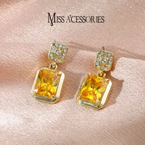 Yellow Rectangle Crystal Drop Earrings | Viral Citrine Look Dangle Earrings | Trendy Two-Tier Yellow Gem Earrings | Sparkly CZ Square Top Gold Tone | Anniversary Jewelry: Gold Tone Yellow Gem Two-Tier Earrings