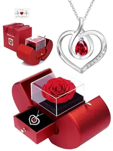 Eternal Love Preserved Rose Gift Set, Apple-Shaped Forever Rose Box, Double Heart Amethyst Cubic Zirconia Necklace, Touching Mother's Day Present, Sentimental Keepsake for Mom, Wife, Grandma, Aunt, Sister