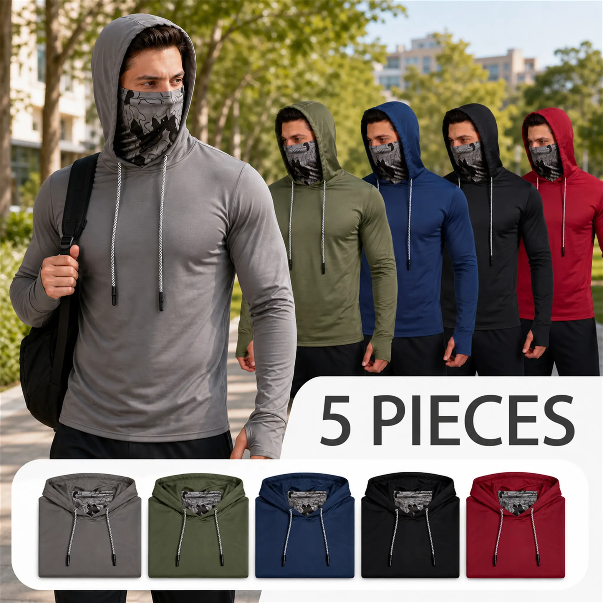 Men's UPF 50+ Hooded Sun Protection Shirt, Long Sleeve Outdoor Top with Adjustable Drawstring, Thumb Holes and Camouflage Face Covering hoodies men