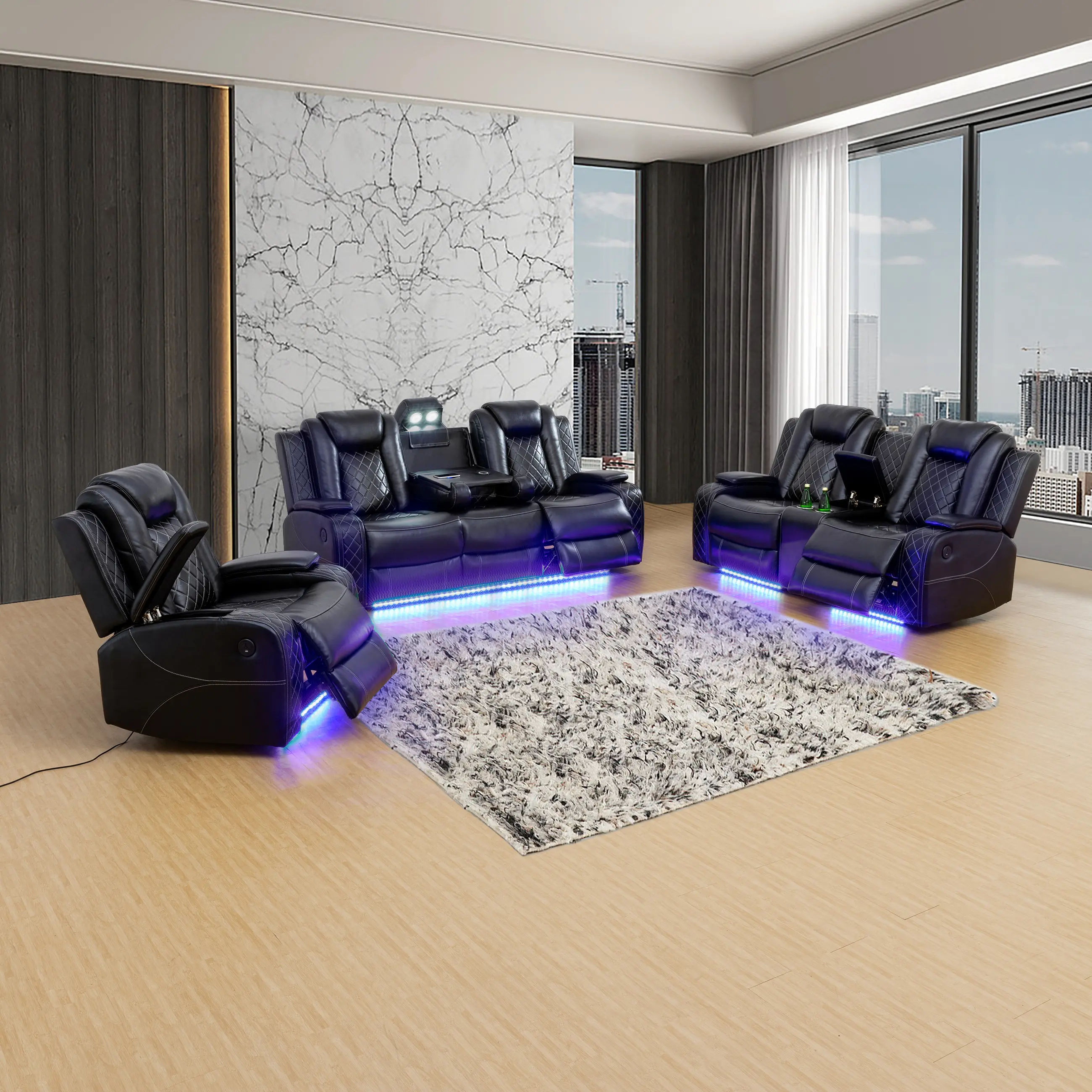 Black Leather Adjustable Recliner Sofa Set - Indoor Furniture with LED Breathing Headrest, Hidden Charging, Armrest, Versatile Use for Living Room, Home Office Modern Upholstered Chair