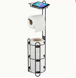 Toilet Paper Holder Stand with Shelf Free Standing Toilet Paper Roll Holder with Toilet Paper Dispenser Sturdy Metal Tissue Holder Storage Shelf for Bathroom Black