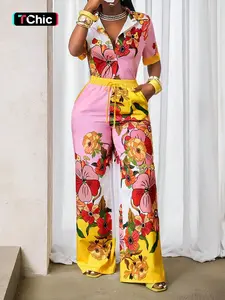 Women's 2-Piece Set Short Sleeve Shirt + Casual Long Pants, Beach Vacation Essential, Non-Positional Floral Design, Comfortable and Stylish