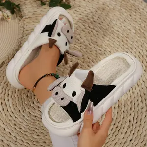 Women Cute Animal Cow Slippers - Cartoon Indoor Outdoor Cotton House Fuzzy Comfortable Slides