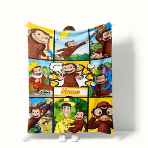 Customized name PC check-pattern monkey design wool blanket, low-allergenic fabric, suitable for all seasons, fashionable style, birthday, Christmas, New Year gift