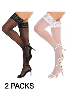 Large Size High Elasticity Bare Ammonia Glossy Tencel Sexy Lace Trim Over-The-Knee Stockings, Nightclub Party Footwear, Lingerie