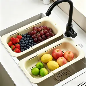 Extendable Sink Colander Strainer Basket – Adjustable Over-Sink Collapsible Drainer for Washing Vegetables, Fruits & Herbs, Straining Cooked Pasta, Drying Dishes, Utensils, Cups & Plates, Foldable Kitchen Food Strainer, Durable, White