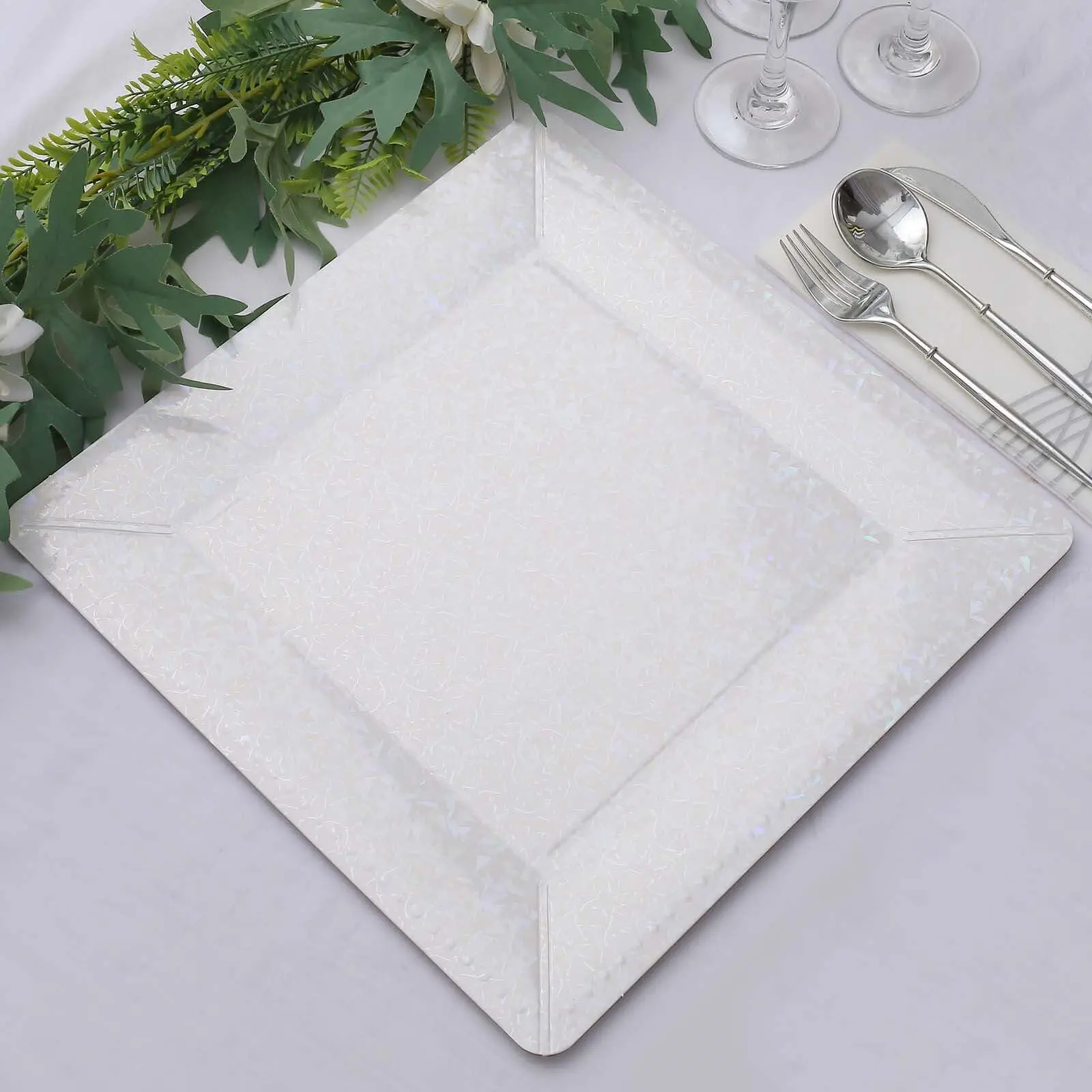 10-Pack Disposable Square Charger Plates in Iridescent with Leather Like Texture - 1100GSM Durable Paper Chargers 13"