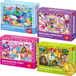 QUOKKA 4-Pack 60 Piece Search and Find Jigsaw Puzzle - Unicorn, Mermaid, Fairy & Princess Puzzles for Kids
