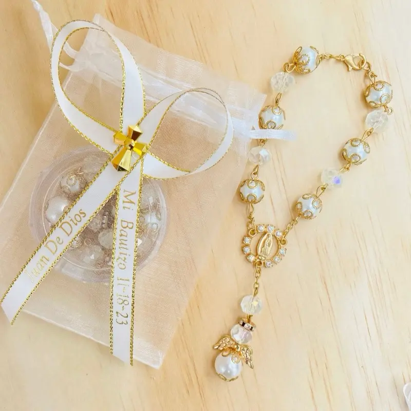 12pcs Personalized Rosary Beads Bracelets - Baptism Party Favors, White Ribbon, Custom Name Tag for Mi Bautizo (87-25)
