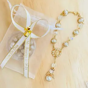 12pcs Recuerdos para Bautizo Baptism Favors Personalized Rosary Bracelet with white  Ribbon & Custom Name Tag Mi Bautizo 87-25