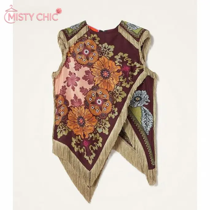 MISTY CHIC Ethnic Vintage Floral Print Woman Clothes Elegant O Neck Tassel Cross Split Irregular Top Summer Sleeveless Zipper Blouse Shirts,  Floral print with tassel trim, vintage atmosphere,Women's fashionable versatile sleeveless vest